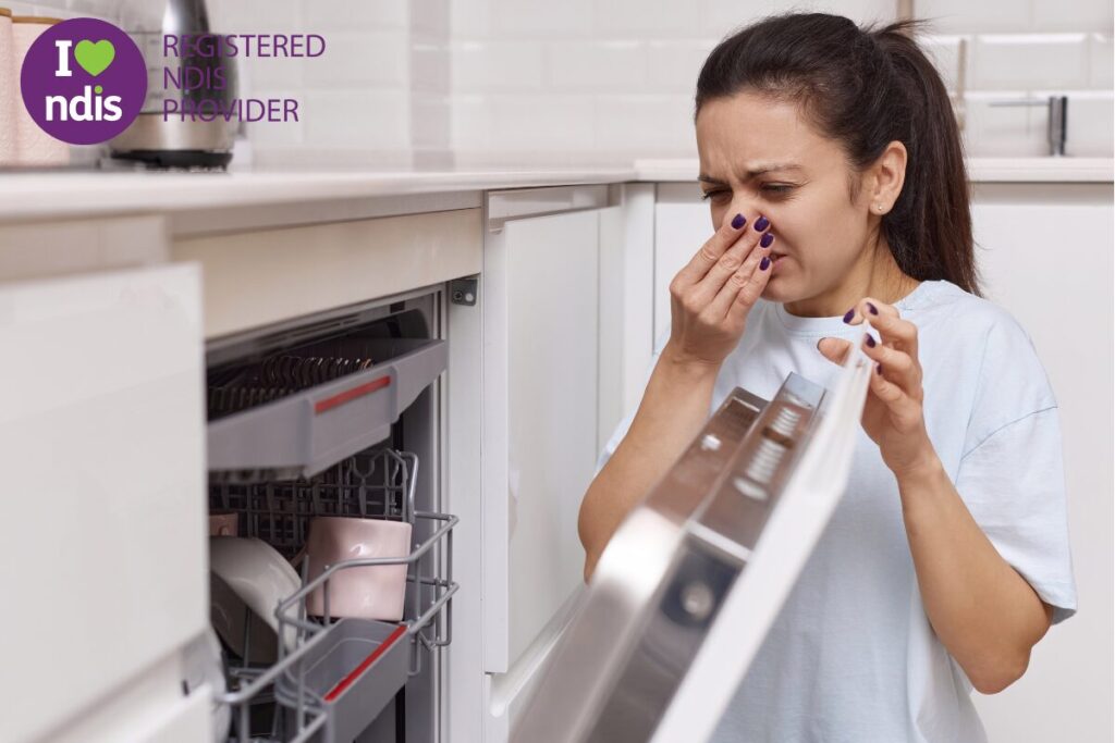 NDIS registered cleaning provider helping homeowners in Brisbane and Gold Coast clean and freshen smelly dishwashers for a sparkling, odour-free kitchen.