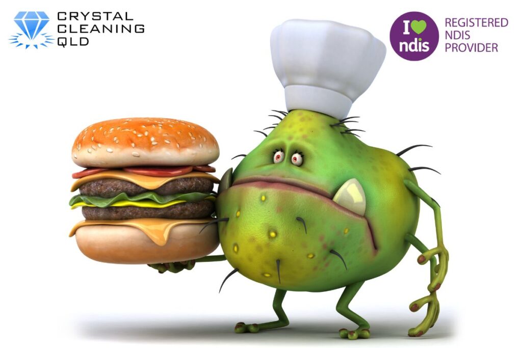 A green cartoon germ monster wearing a white chef's hat and holding a large double cheeseburger, featuring the Crystal Cleaning QLD logo and a Registered NDIS Provider badge.